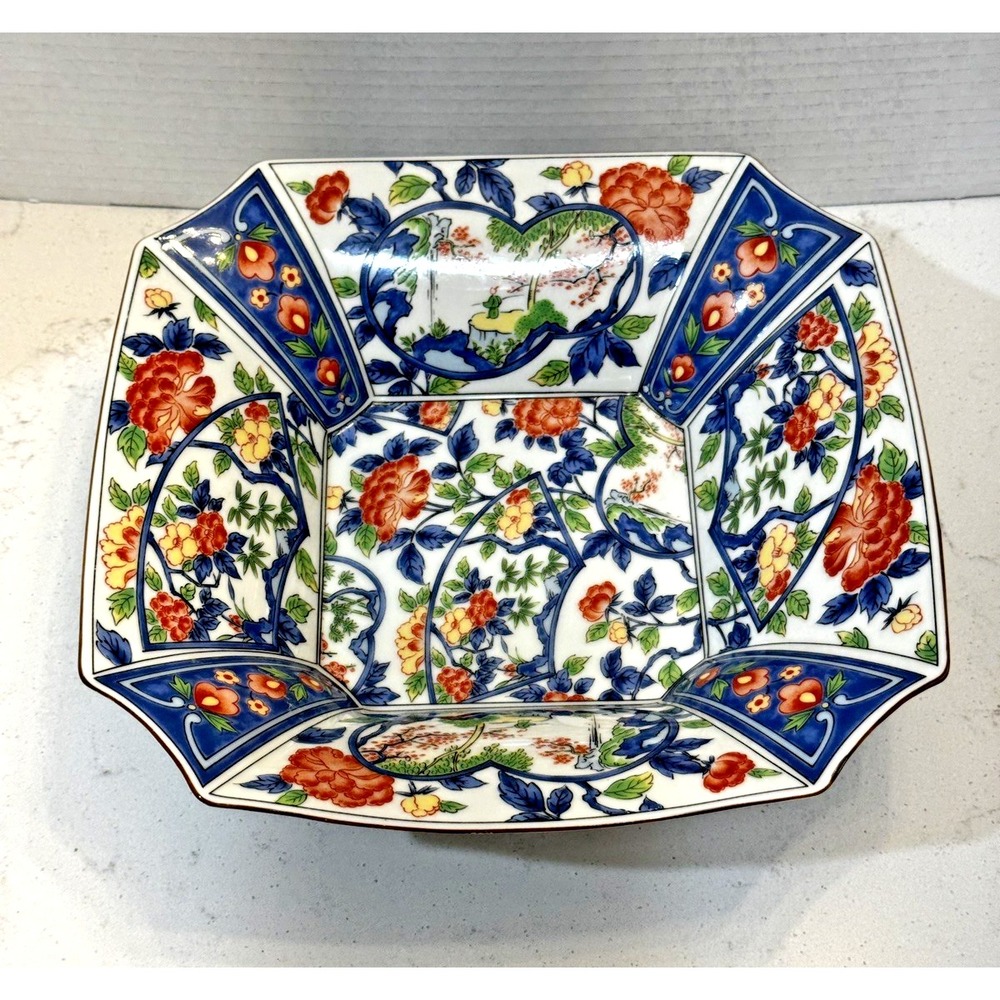 Vintage Japanese Imari Porcelain Octagonal Bowl Serving Floral Landscape